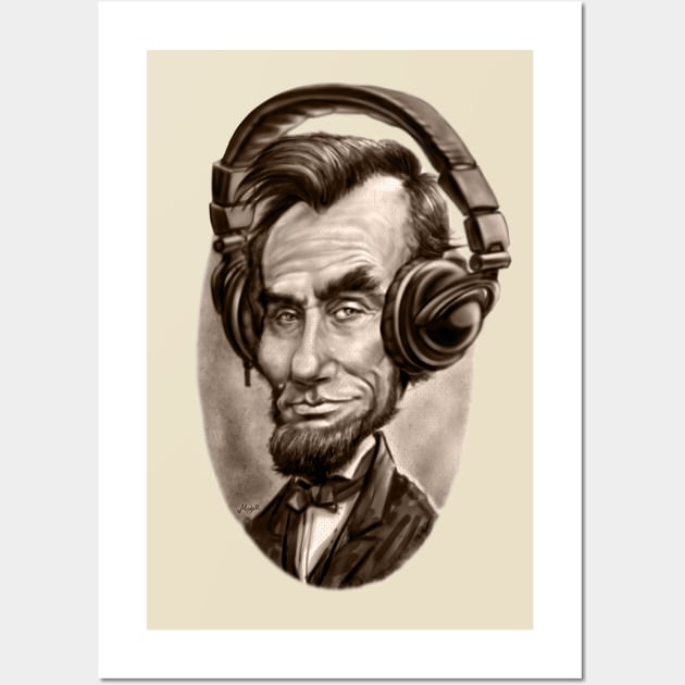 Caricature of Abe Lincoln with Music Headphones Wall Art by Mudge